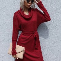Дамска едноцветна плетена пуловерна рокля с яка и дълги ръкави, 2цвята - 024, снимка 2 - Рокли - 43454137