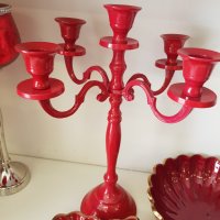 Свещник за пет свещи - алуминий, в червено, снимка 1 - Декорация за дома - 38084103
