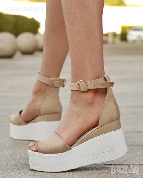 Сандали на платформа - бежов велур с бяло ходило - TJL70 , снимка 1
