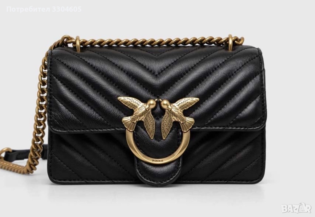 PINKO Черна Кожена Чанта За През Рамо Love One, снимка 1