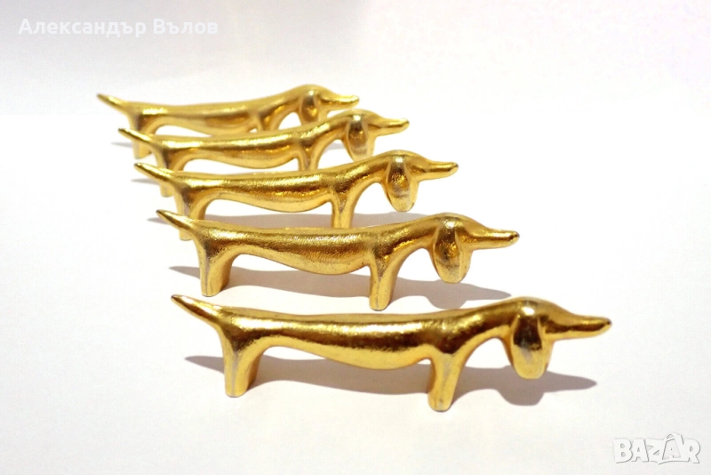 Стар Комплект от 5 Поставки за Прибори Кучета Метал Сервиране Изискано Хранене, снимка 1