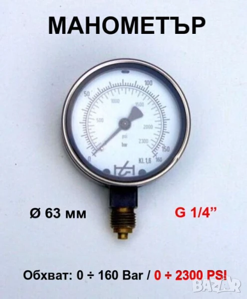 Нов Оригинал HL Немски МАНОМЕТРИ 0-160 Bar Ф63мм резба G1/4” Радиален Неръждаем Виброустойчив БАРТЕР, снимка 1