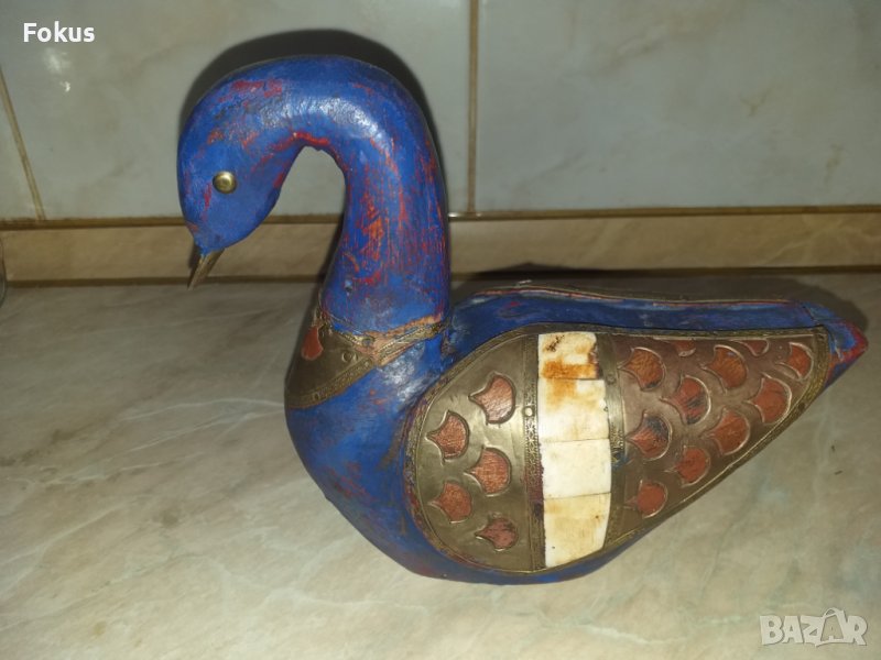 Страхотна синя дървена патица патка с месинг и кост, снимка 1