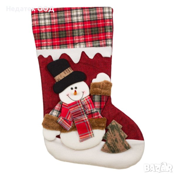 Коледен чорап, Снежен човек с каре кожухче, на червен фон 45см, снимка 1
