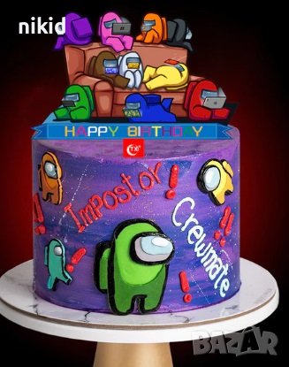 3 вид Happy Birthday Амонг Ус Ъс Among Us пластмасов топер украса табела за торта рожден ден, снимка 1