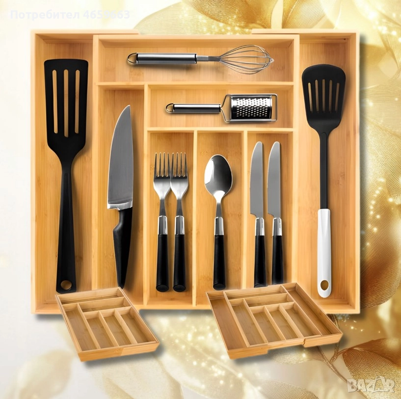 Кухненски бамбуков органайзер за прибори за чекмедже Ruhhy, разтегателен, снимка 1