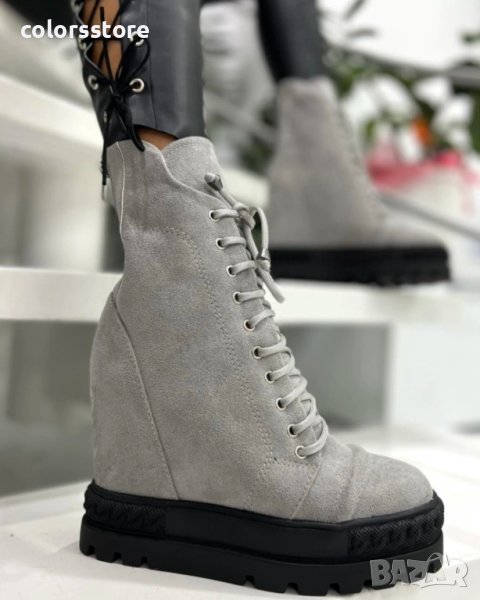 Боти на платформа - сив велур - BPL25, снимка 1