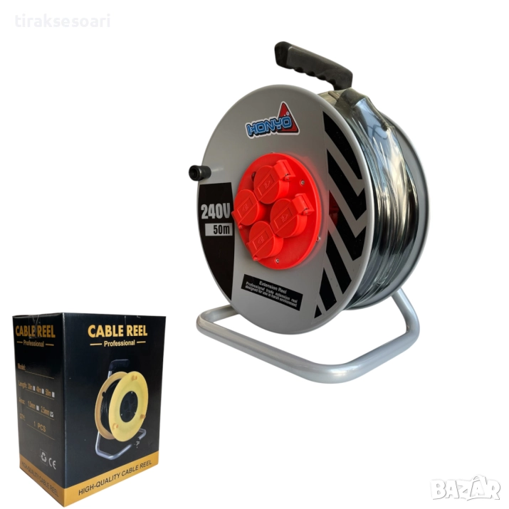 Удължител макара 50 метра 2x2.5mm² с 4 контакта T646, снимка 1