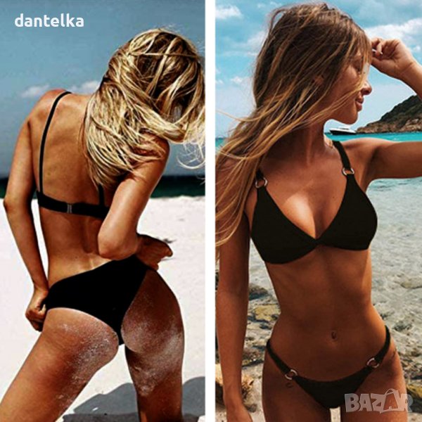 V86 Стилен дамски бански костюм от две части в класически черен цвят с подплънки, Секси Бански, снимка 1