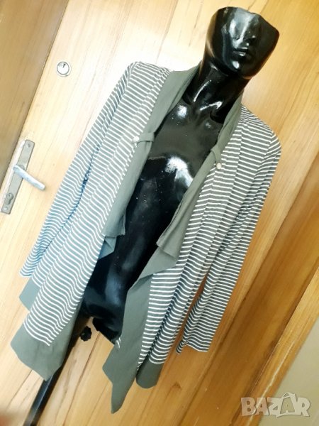 Маслено зелена отворена жилетка трико на бяло райе Л , снимка 1