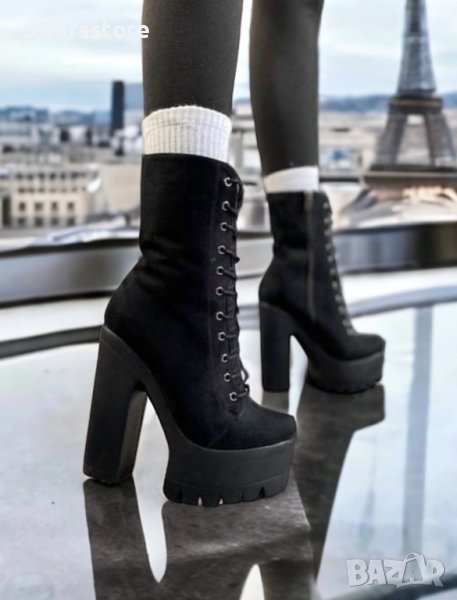 Боти на ток - черен велур с черно ходило - 592, снимка 1