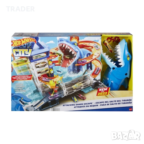 Hot Wheels Паркинг-гараж Акула – City Attacking Shark Escape, снимка 2 - Коли, камиони, мотори, писти - 16477004