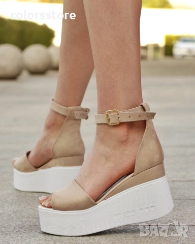 Сандали на платформа - бежов велур с бяло ходило - TJL70 