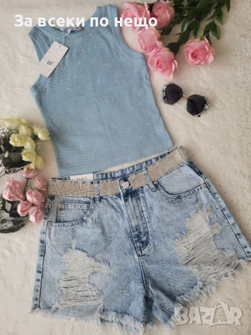 Дамски Къси Дънкови Панталони С Камъни И Накъсан Ефект🔝Дамски Къси Дънки С Накъсан Ефект Код BS-37