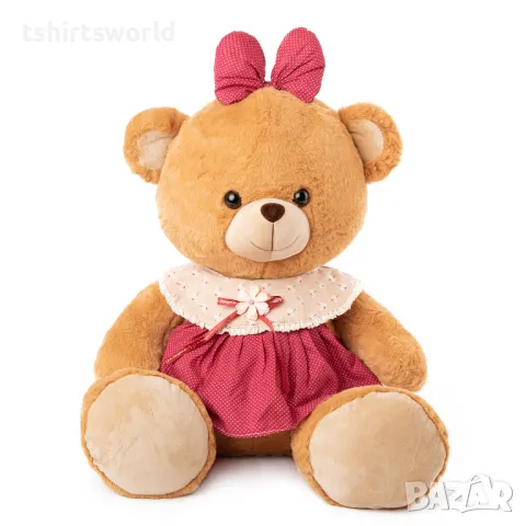 Ново плюшено кафяво мече с цикламена рокля и панделка, 53см
