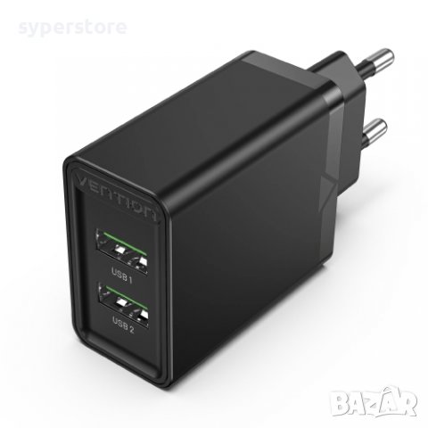 Зарядно за телефон, таблет и др. 2 USB изхода 18W Vention FBAB0-EU QC3.0 Без кабел Черно