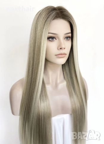 Смесена тъмно руса с пепеляво руса права перука - 80 см, синтетична, с дантела 13×4×1, снимка 3 - Аксесоари за коса - 52651106