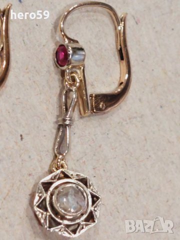 Стари златни обеци с диаманти и рубини, снимка 5 - Обеци - 43574987