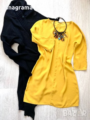 Черна асиметрична жилетка плетиво Benetton & жълта кокетна рокля Vanilia , снимка 6 - Рокли - 43887141
