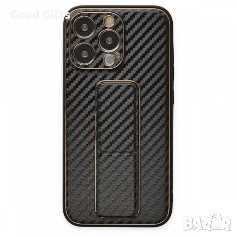 Противоударен кейс със стойка за iPhone 15 Pro, TP-36, Черен Карбон