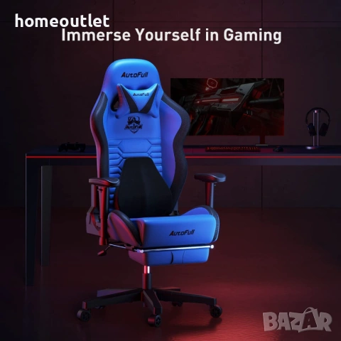 ПРОМОЦИЯ Ергономичен геймърски стол с дамаска от PU кожа в син цвят AUTOFULL AF083UPJA, снимка 3 - Столове - 53085371