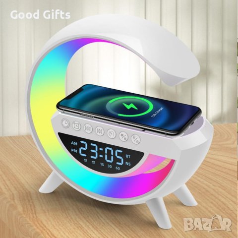 Голяма Смарт LED лампа - безжично зарядно, музика и часовник 