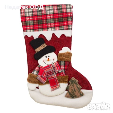 Коледен чорап, Снежен човек с каре кожухче, на червен фон 45см