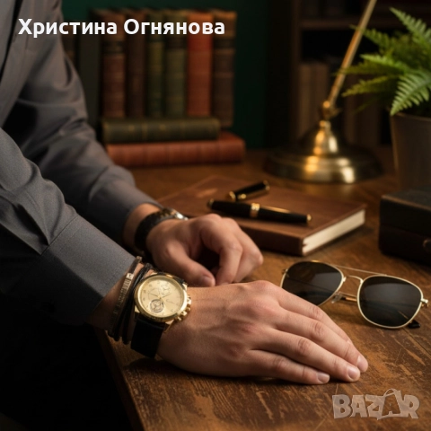 Елегантен мъжки комплект – часовник с черна каишка и гривна с метален щит, снимка 4 - Мъжки - 52606057