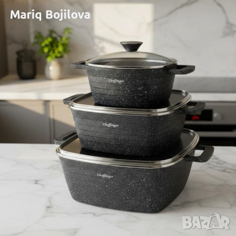 Комплект тенджери – Cheffinger от 3 части с мраморно покритие и капаци + подарък 2 ръкавици, снимка 2 - Съдове за готвене - 53132258