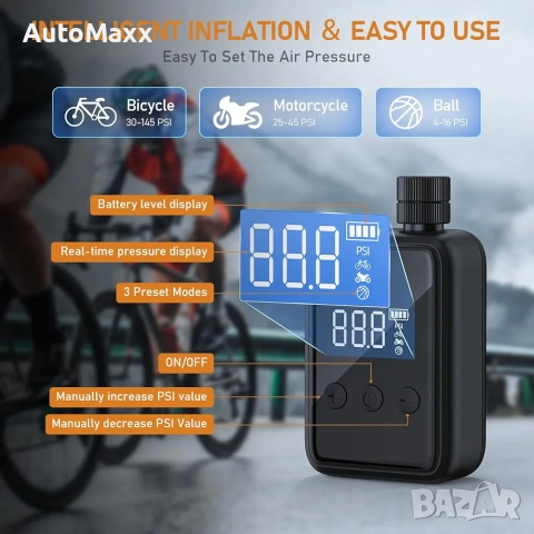 Tiiletzote преносим въздушен компресор за велосипед,мини помпа за гуми 130 PSI с манометър , снимка 6 - Велосипеди - 53539155