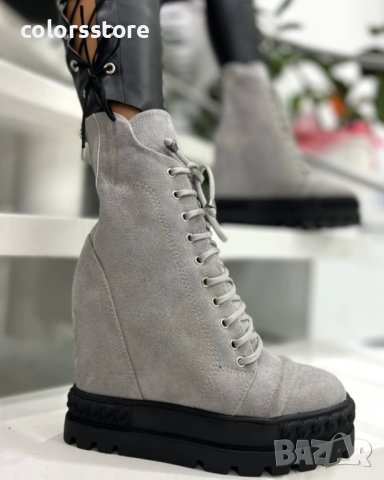 Боти на платформа - сив велур - BPL25