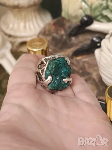 Уникален сребърен пръстен с естествен зелен тюркоаз, снимка 8 - Пръстени - 47453268