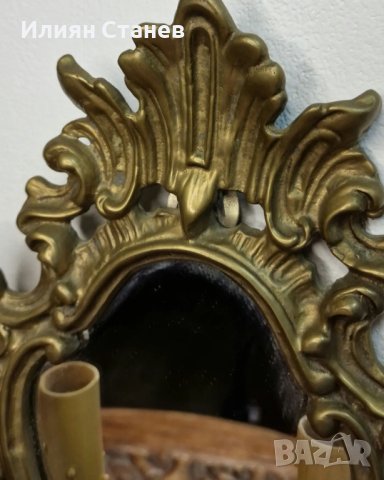 Много красив масивен бронзов аплик за стена с огледало и две крушки тип свещи , снимка 4 - Декорация за дома - 43906501