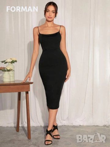 Черна дълга рокля по тялото с тънки презрамки , снимка 1