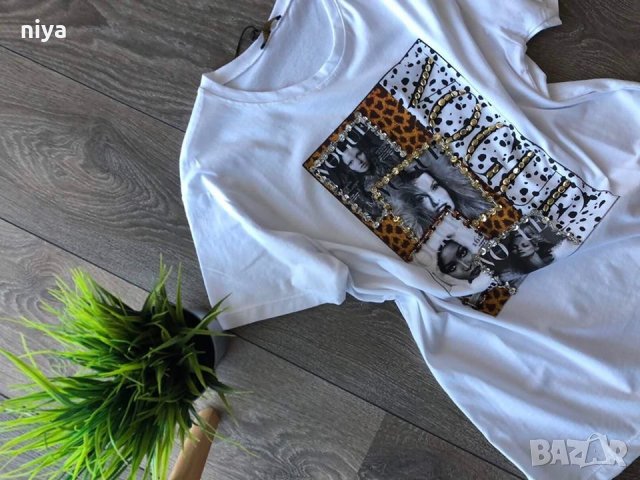 Тениска Vogue със пайети и модни икони във бял цвят , снимка 2 - Тениски - 27990063