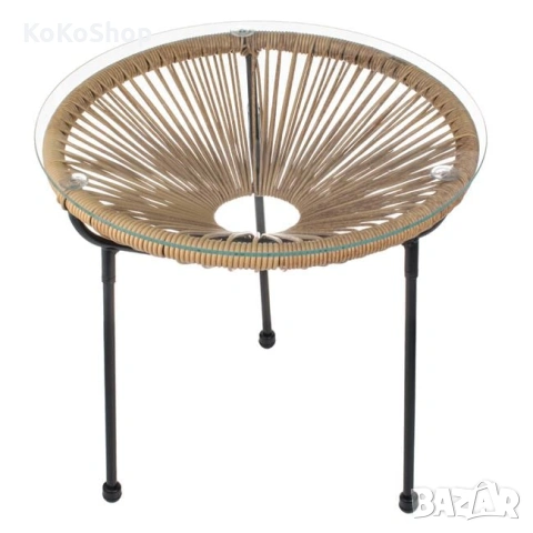 Кръгла маса от ратан със стъклен плот, снимка 2 - Маси - 53591264