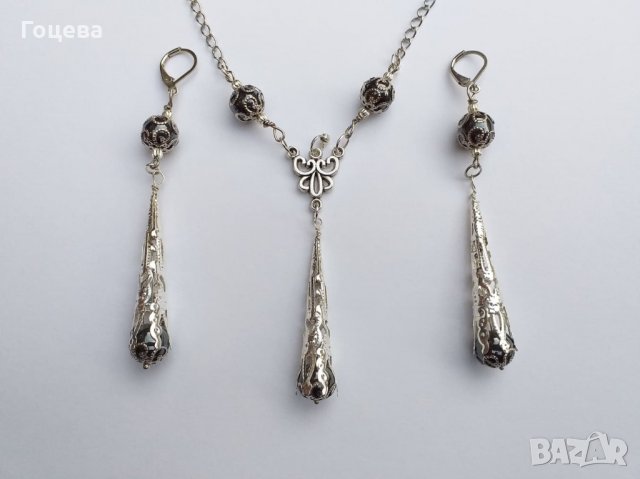 Разкошен комплект бижута с камъни Хематит и богати орнаменти в цвят сребро, снимка 4 - Бижутерийни комплекти - 33608565