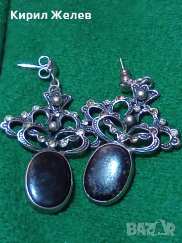 СТАРИ СКЪПОЦЕННИ СРЕБЪРНИ АртДЕКО ОБЕЦИ ОКСИДИРАНО СРЕБРО 925 с ЧЕРЕН ШЛИФОВАН ОНИКС и ЦИРКОНИ 25645