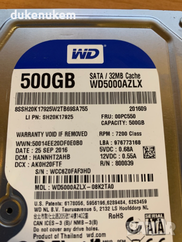 Твърд диск HDD 500GB Western Digital WD Blue WD5000AZLX Sata, снимка 2 - Твърди дискове - 44901268