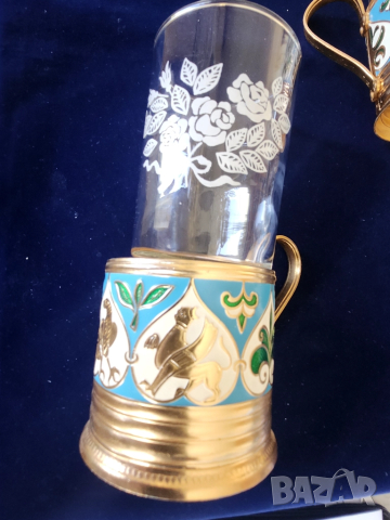 Подстакани к-т 6 броя с оригинални термо чаши, СССР, метални с емайл (ръчна работа), красиви, нови, снимка 2 - Чаши - 51624738