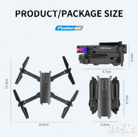 Дрон F190 с 4K камера, LED светлини и WiFi – Черен модел с висока маневреност и интелигентни функции, снимка 2 - Дронове и аксесоари - 50536273