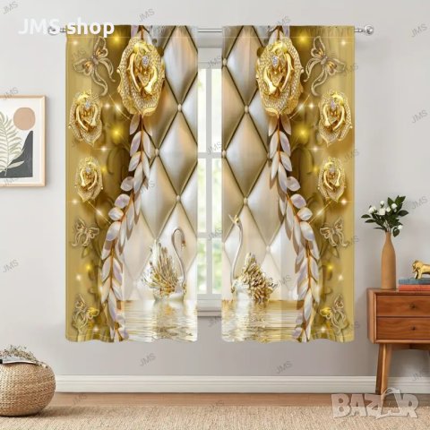 2бр. Елегантна завеса с щампа на златни цветя и пеперуди за домашен декор, 5размера, снимка 2 - Пердета и завеси - 43801968
