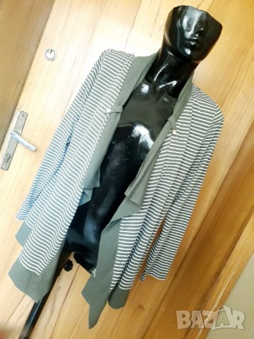 Маслено зелена отворена жилетка трико на бяло райе Л , снимка 1