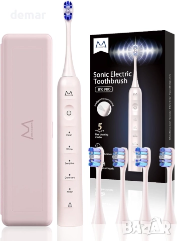 Електрическа четка за зъби Marlincare, IPX8, 48 000 VPM, 5 режима, 4 глави, розова