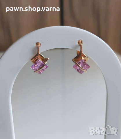 Златни обеци с фианити – 585 проба, снимка 4 - Обеци - 50824019