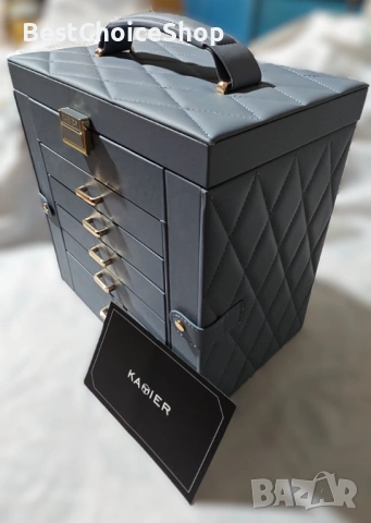 кутия за бижута 6-етажна от естествено дърво, кожа с огледало – XXL синьо-сиво, снимка 8 - Други - 53357861