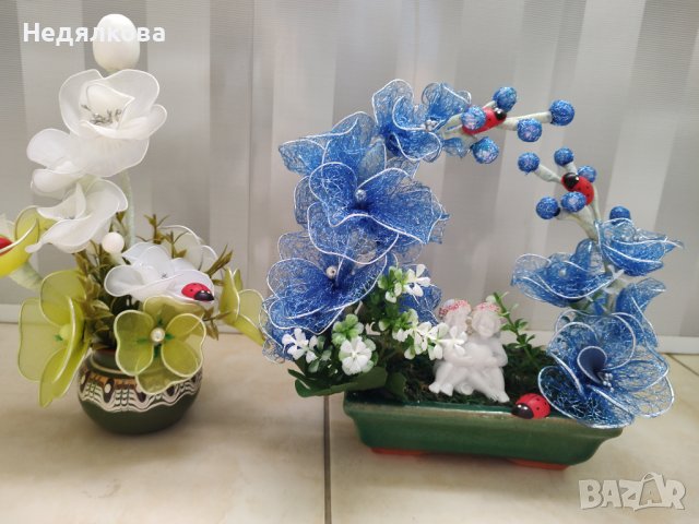 Композиция с ръчно направени цветя., снимка 2 - Декорация за дома - 21157228