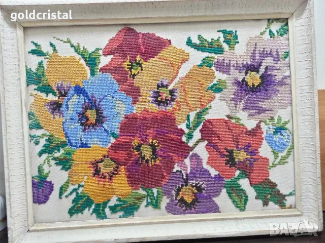 Стар ръчно ушит гоблен в рамка 67/52см , снимка 6 - Антикварни и старинни предмети - 48957427