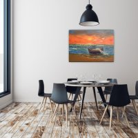 Морски залез лодка и чайки маслена картина , снимка 5 - Картини - 36380217