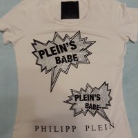 PHILIPP PLEIN бяла тениска маркова оригинална с надписи и камъни, много хубава стегната лукс материя, снимка 4 - Тениски - 37476757